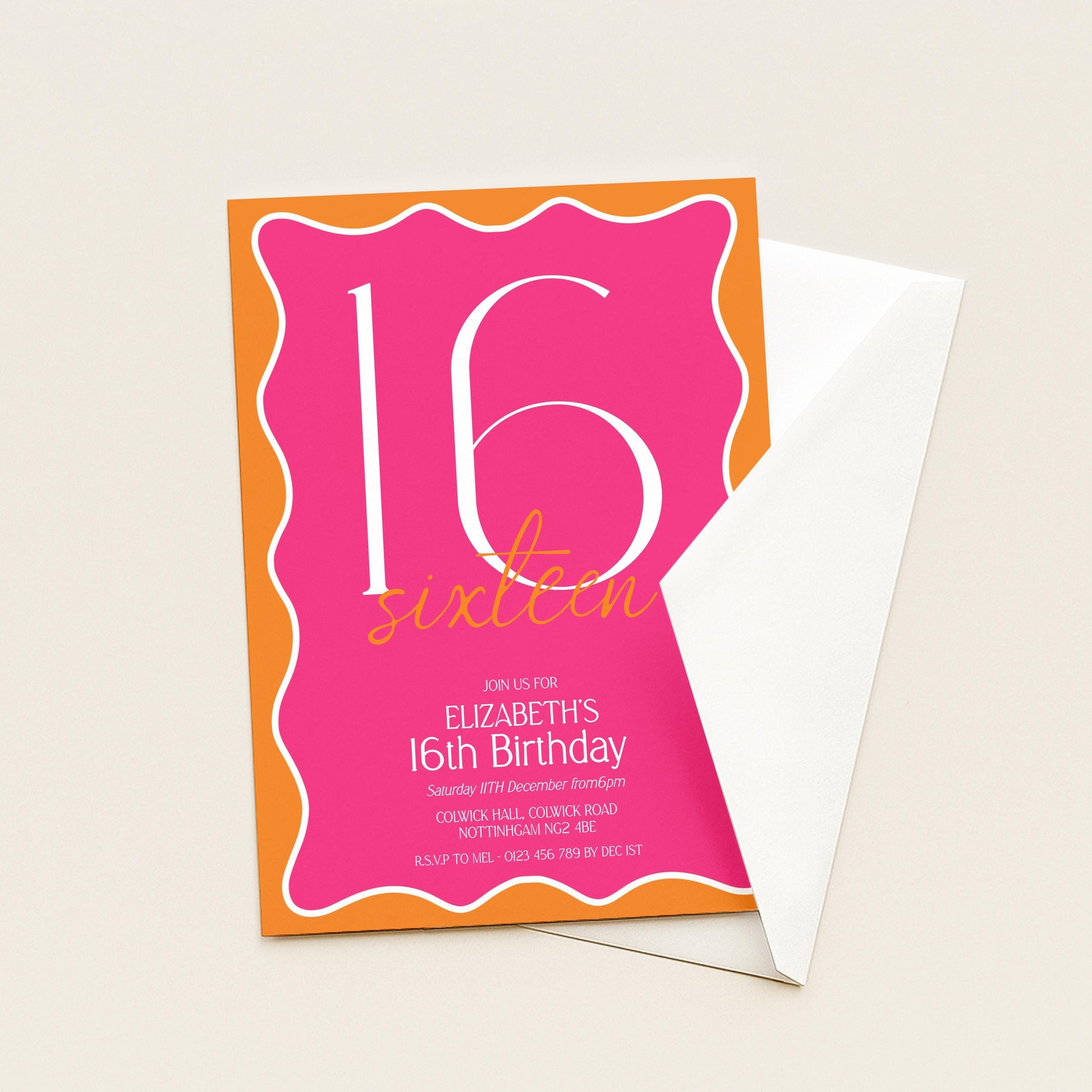 A pink and orange birthday invitation card for Elizabeth's 16th birthday.
