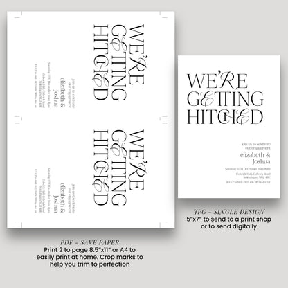 The image is a single design wedding invitation featuring the text "WE'RE GETTING HITTED" in a modern font.
