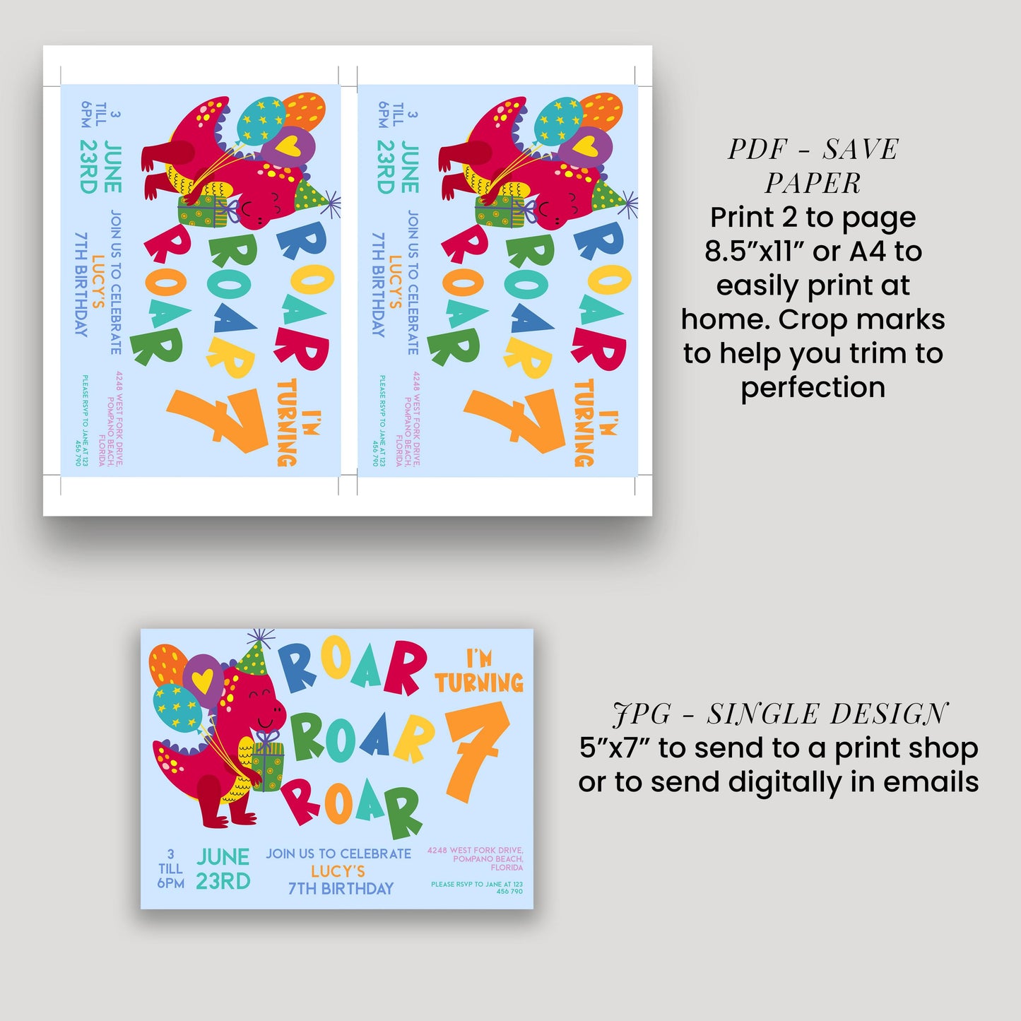 a birthday party invitation for a 7-year-old named Lucy. The invitation features a cartoon dinosaur and includes details about the party, such as the date, time, location, and RSVP information.