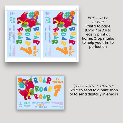 a birthday party invitation for a 7-year-old named Lucy. The invitation features a cartoon dinosaur and includes details about the party, such as the date, time, location, and RSVP information.