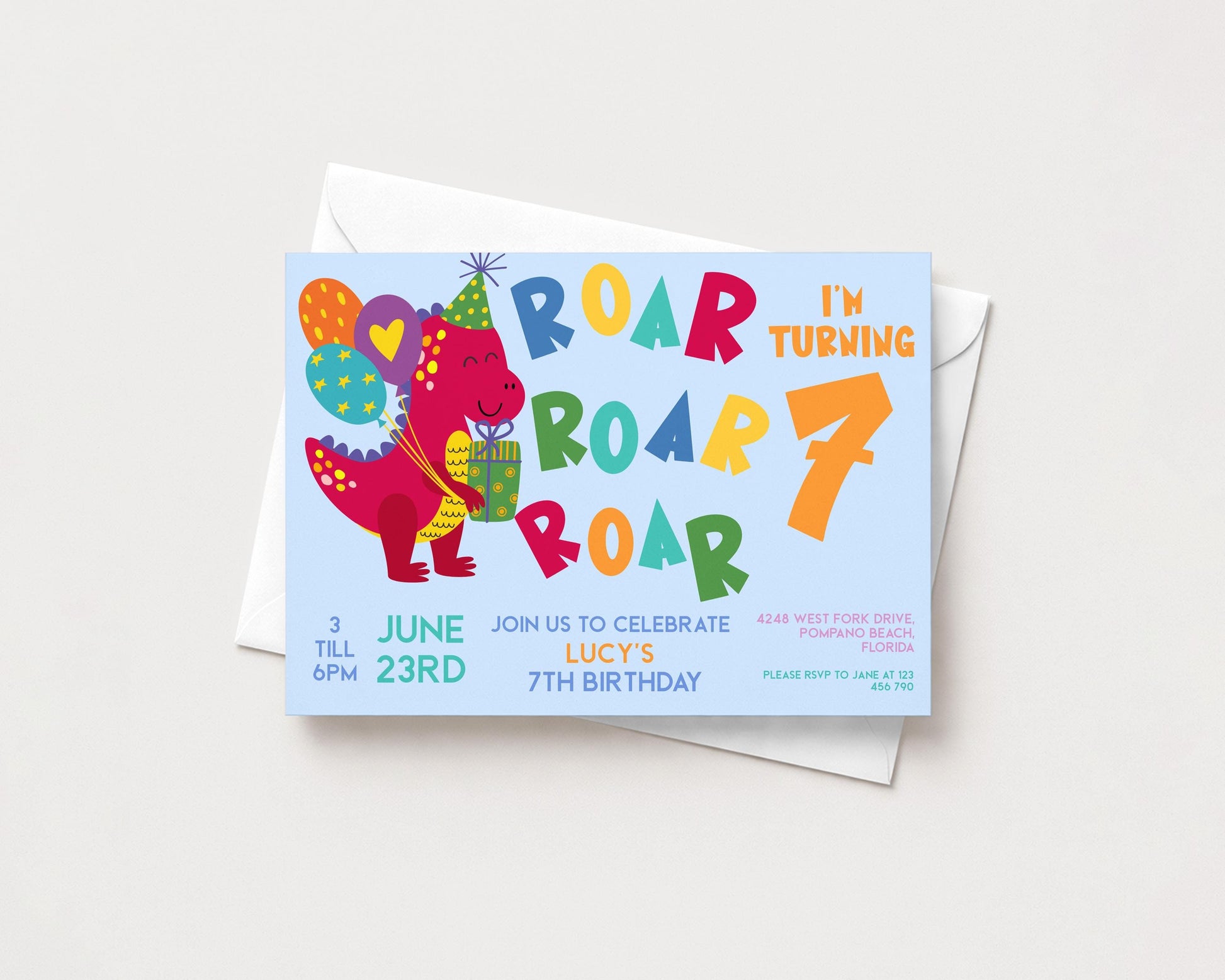 A birthday party invitation for a 7-year-old named Lucy, featuring a cartoon dinosaur character and colorful text.