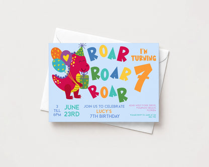 A birthday party invitation for a 7-year-old named Lucy, featuring a cartoon dinosaur character and colorful text.