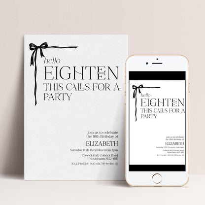 a birthday invitation for Elizabeth's 18th birthday party, with a white paper invitation and a smartphone displaying the same invitation.