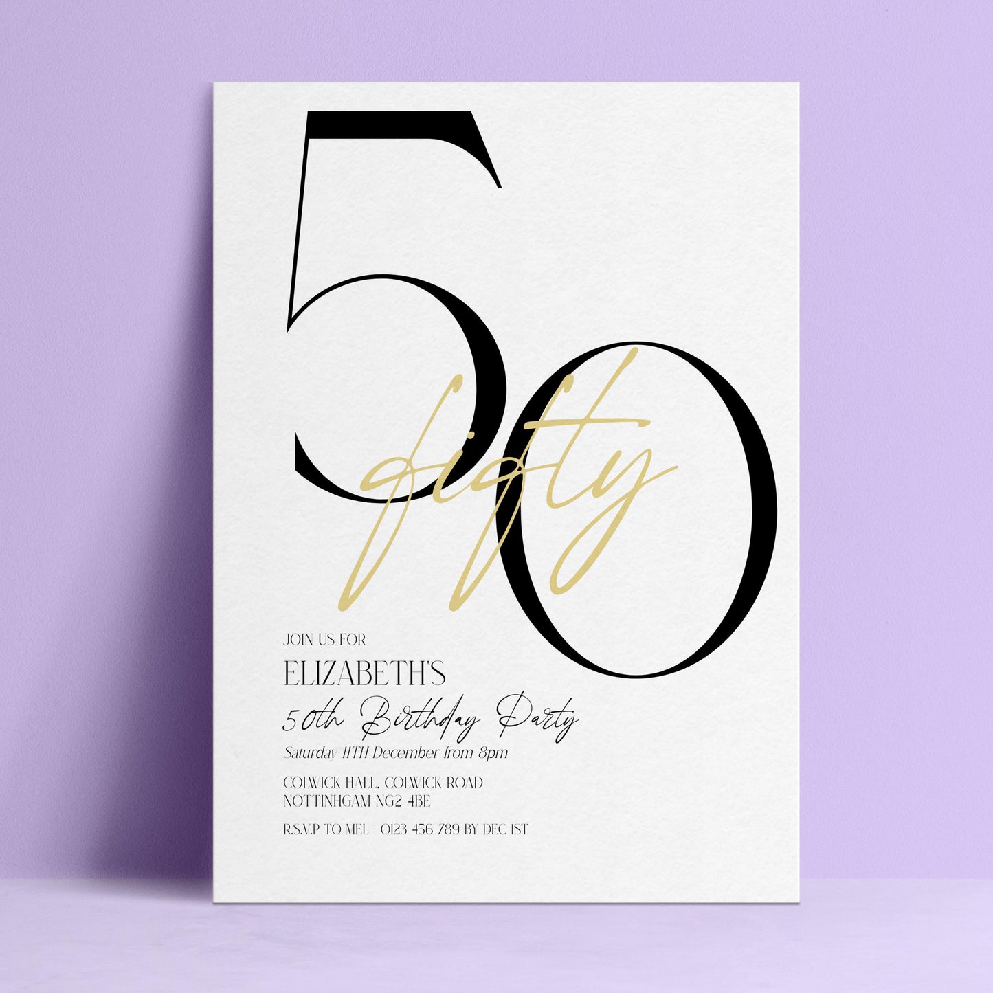 The image is a birthday party invitation for Elizabeth's 50th birthday.