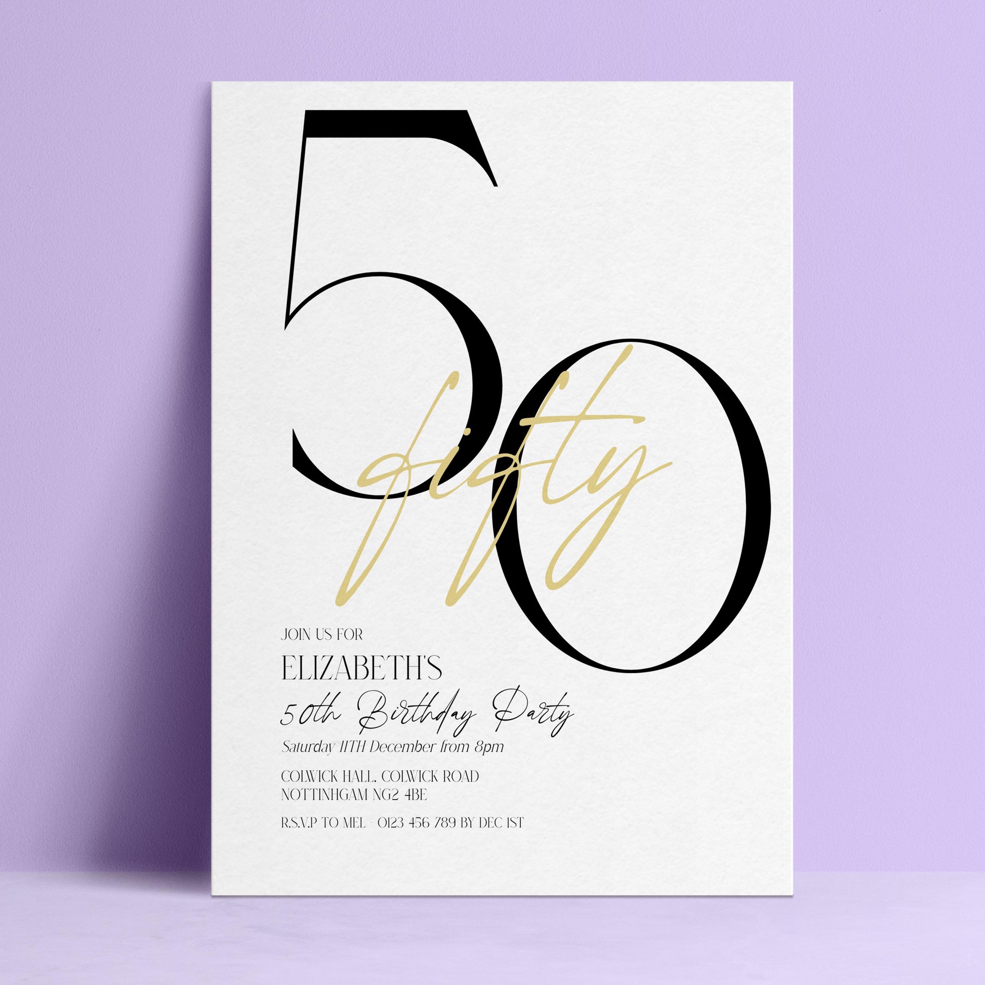 The image is a birthday party invitation for Elizabeth's 50th birthday.