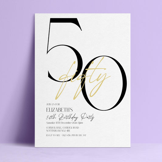 The image is a birthday party invitation for Elizabeth's 50th birthday.