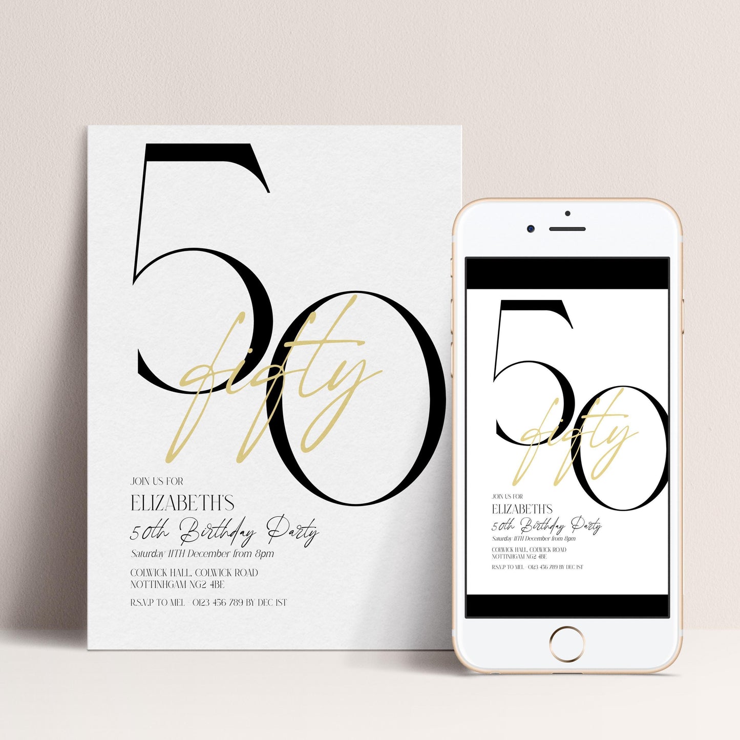 a 50th birthday party invitation for Elizabeth, with details about the event and the date.
