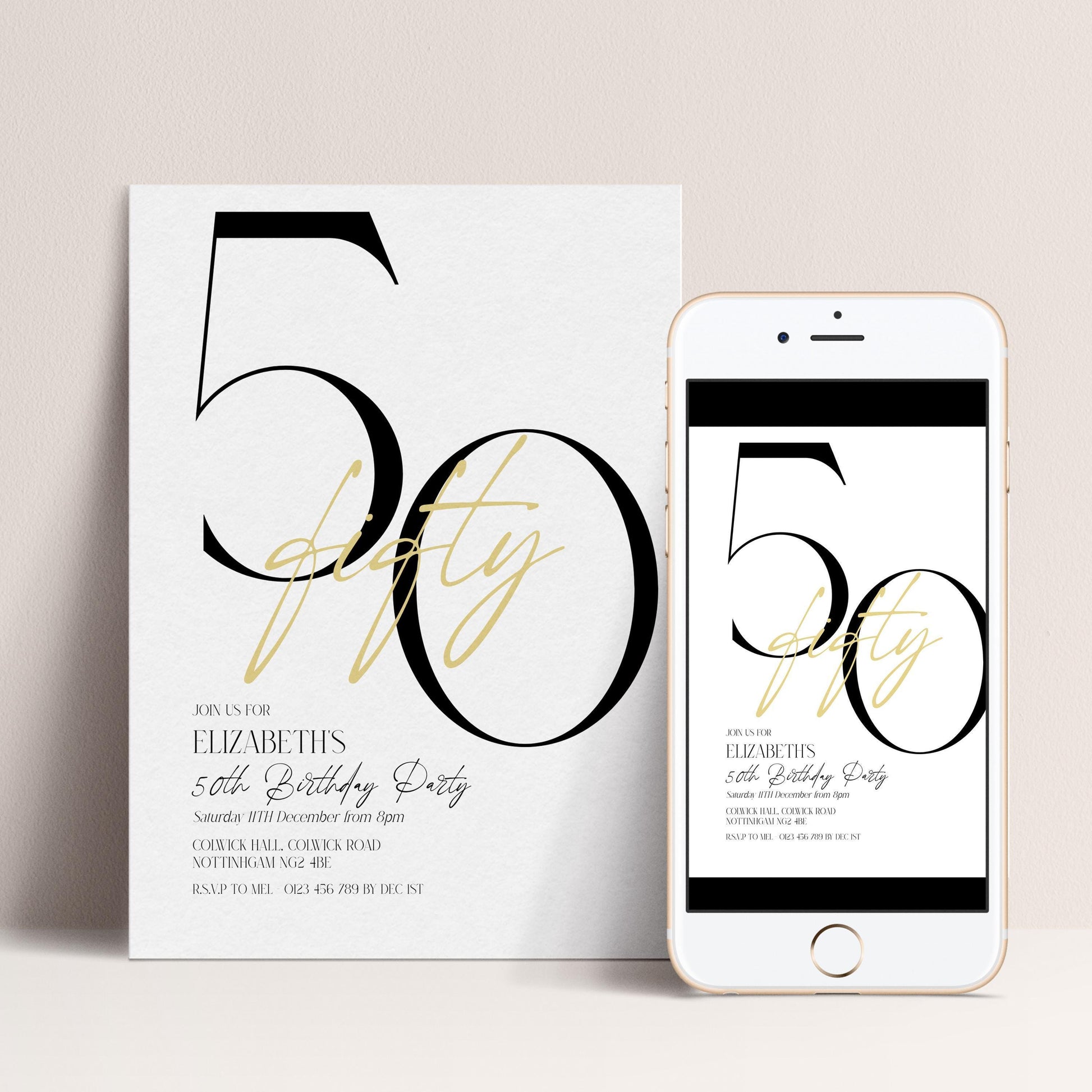 a 50th birthday party invitation for Elizabeth, with details about the event and the date.