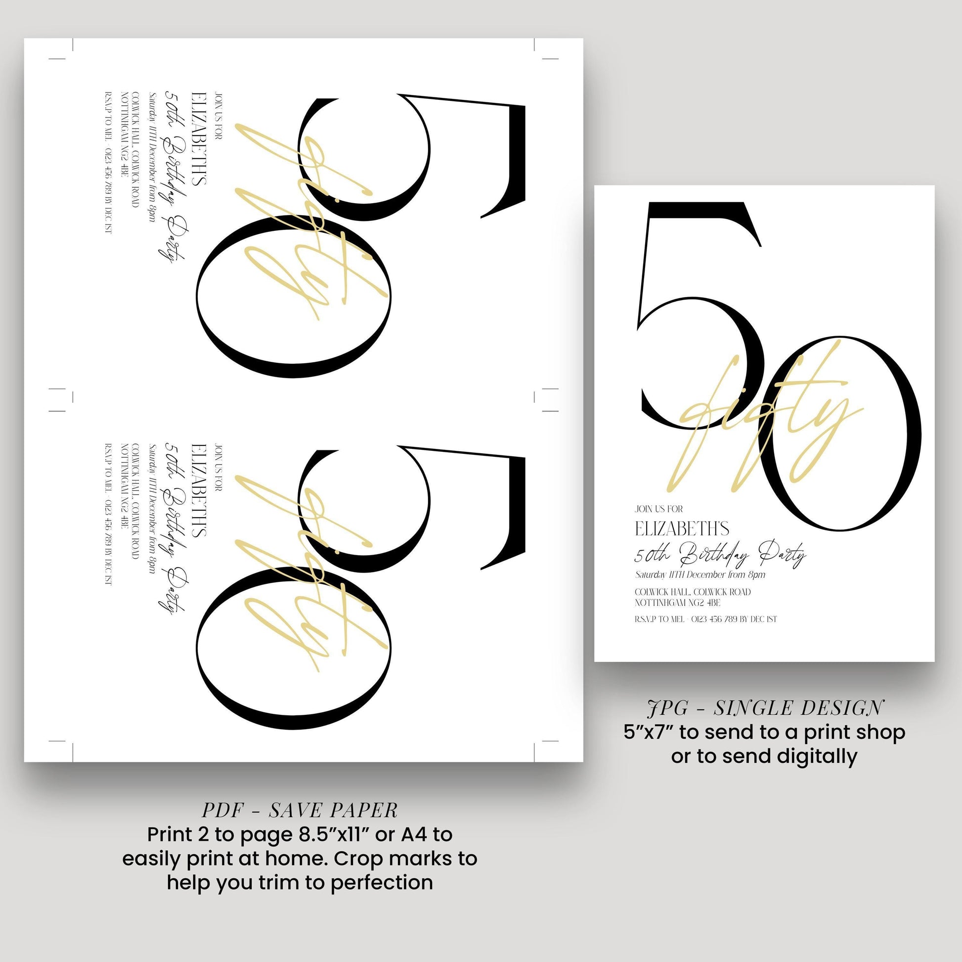 a birthday party invitation for Elizabeth's 50th birthday party. The invitation features a large number "50" and includes details about the party, such as the date, time, location, and RSVP information.