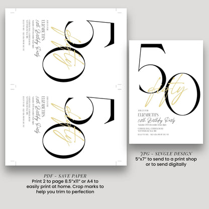 a birthday party invitation for Elizabeth's 50th birthday party. The invitation features a large number "50" and includes details about the party, such as the date, time, location, and RSVP information.