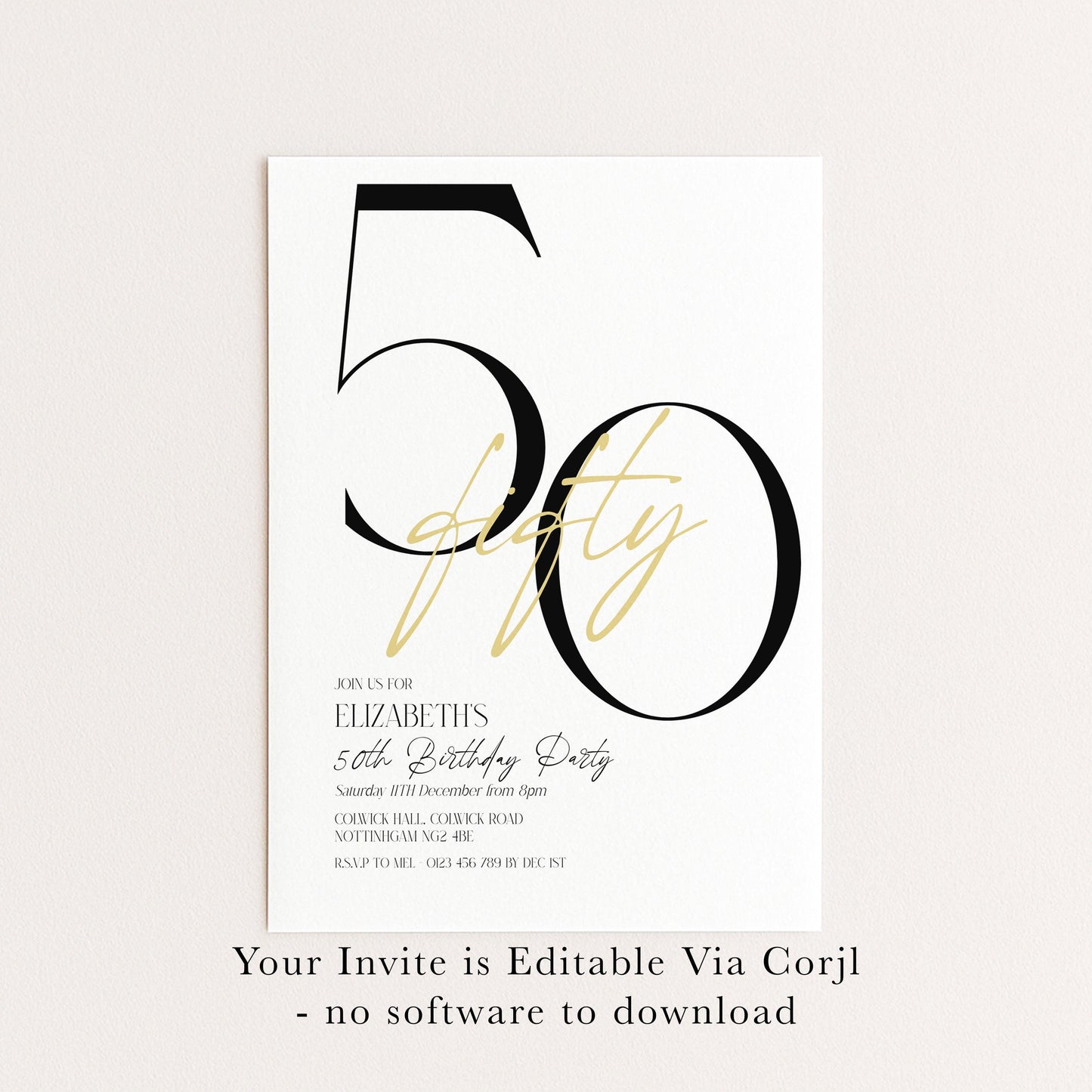 The image is a birthday party invitation for Elizabeth's 50th birthday party.