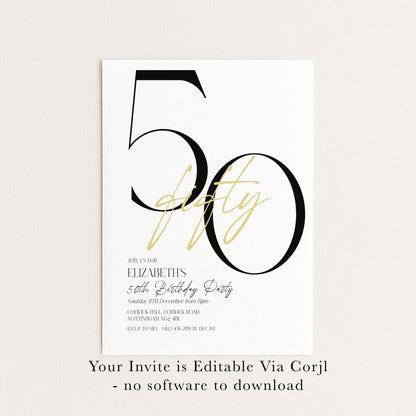The image is a birthday party invitation for Elizabeth's 50th birthday party.