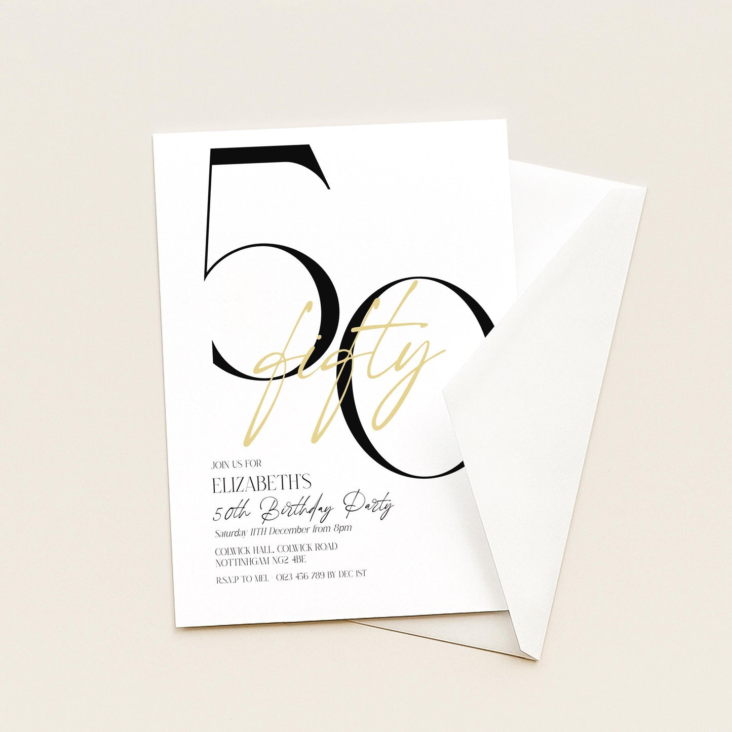 The image is a birthday invitation for Elizabeth's 50th birthday party.