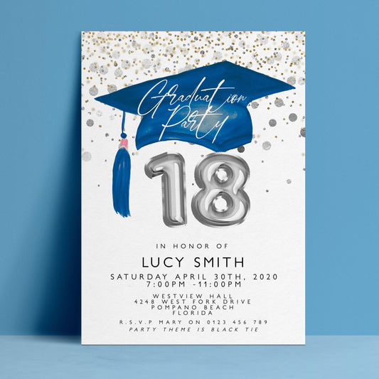 The image is a graduation party invitation for a young woman named Lucy Smith, celebrating her 18th birthday.