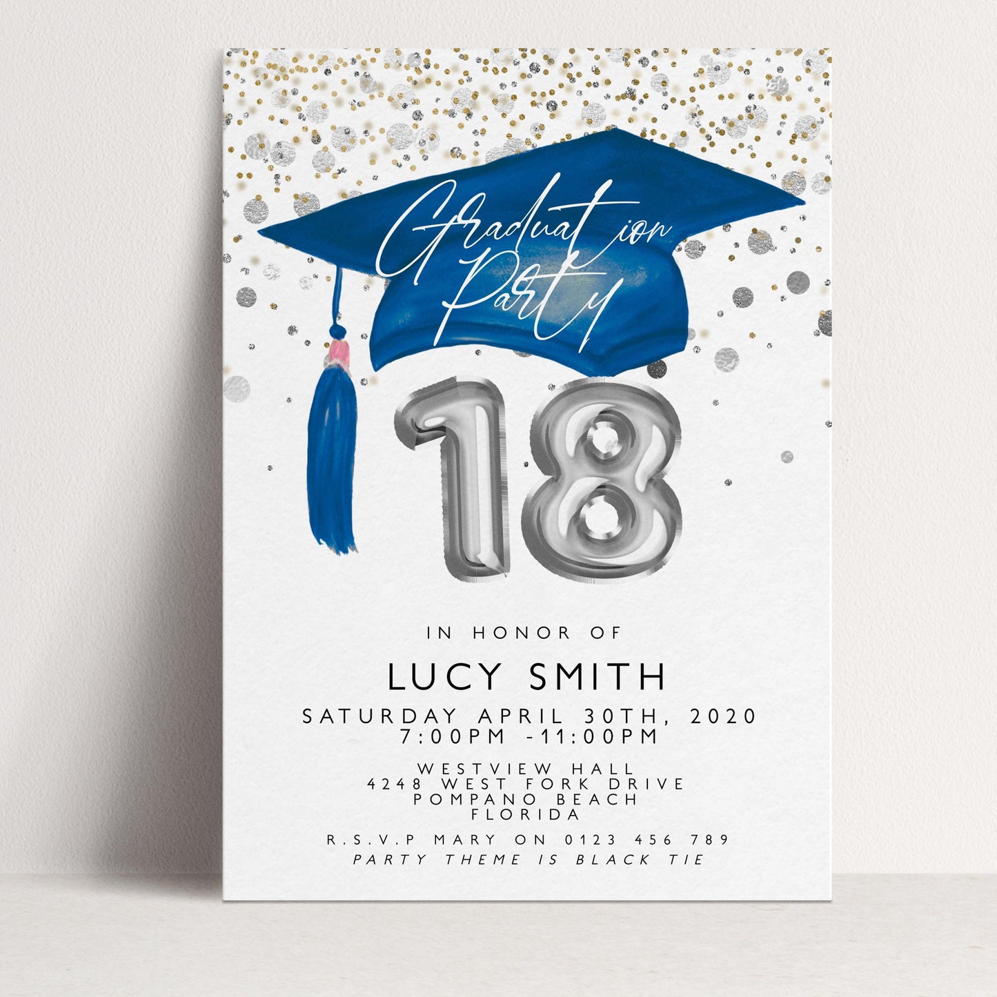 The image is a graduation party invitation for a young individual named Lucy Smith, celebrating their 18th birthday.