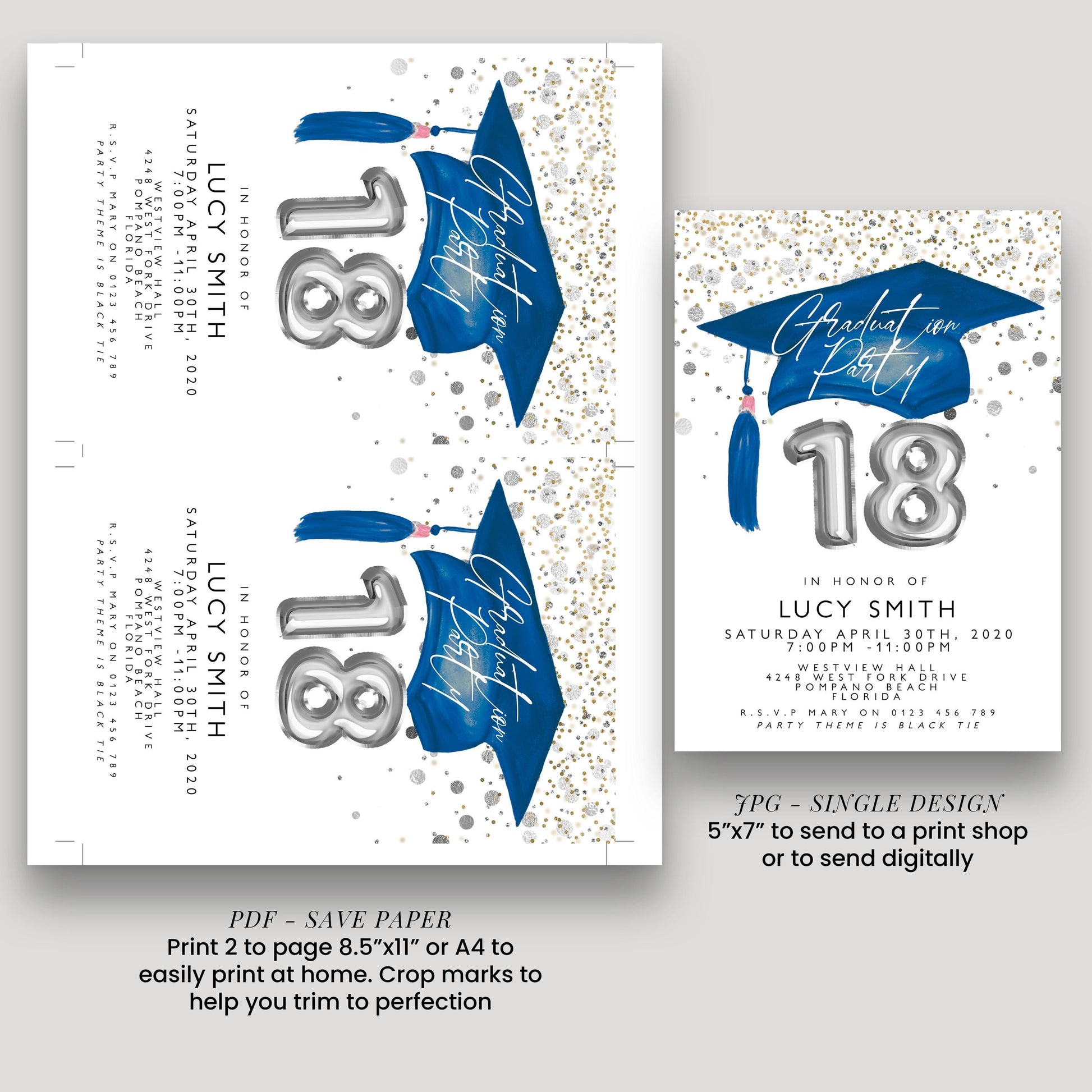 a graduation party invitation for Lucy Smith, with details about the event and instructions for printing and sending the invitation.