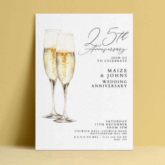 The image is a wedding anniversary invitation featuring two champagne glasses with champagne bubbles, celebrating the 25th anniversary of Maize & Johns' wedding.