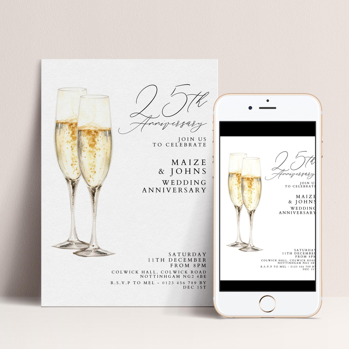 The image is a wedding anniversary invitation featuring champagne glasses and text that invites guests to celebrate the 25th anniversary of Maize & Johns' wedding anniversary.