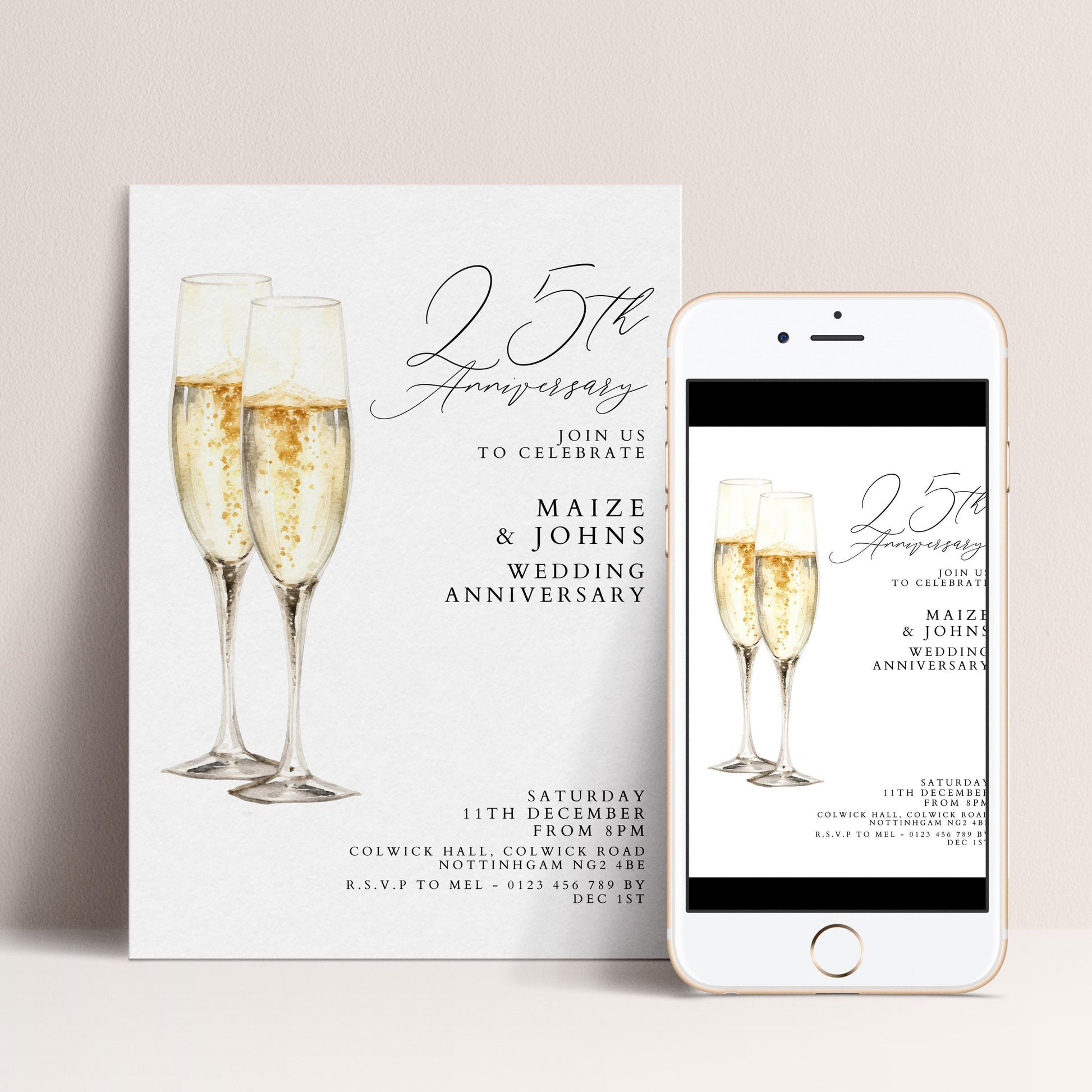 The image is a wedding anniversary invitation featuring champagne glasses and text that invites guests to celebrate the 25th anniversary of Maize & Johns' wedding anniversary.