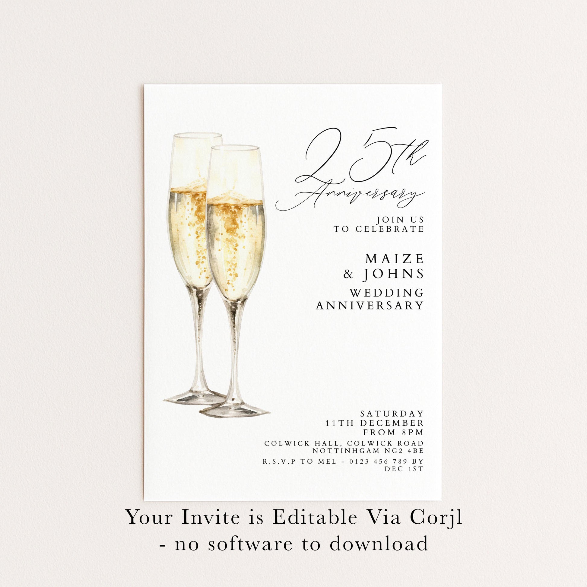 The image is a wedding anniversary invitation featuring champagne glasses and the text "25th Anniversary" along with details about the celebration.