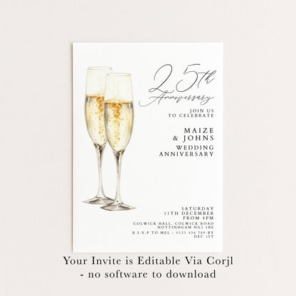The image is a wedding anniversary invitation featuring champagne glasses and the text "25th Anniversary" along with details about the celebration.