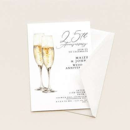 The image is a white invitation card for a 5th anniversary celebration. It features a champagne glass illustration and text inviting guests to join the couple for their wedding anniversary.