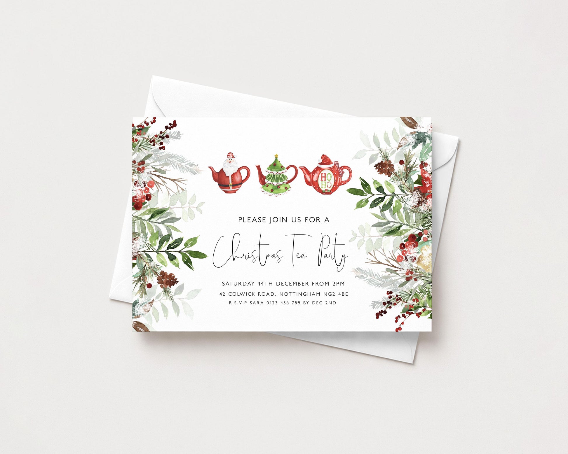 A Christmas-themed invitation card with illustrations of teapots and greenery, along with the text "Please join us for a Christmas tea party" and the date and location details.