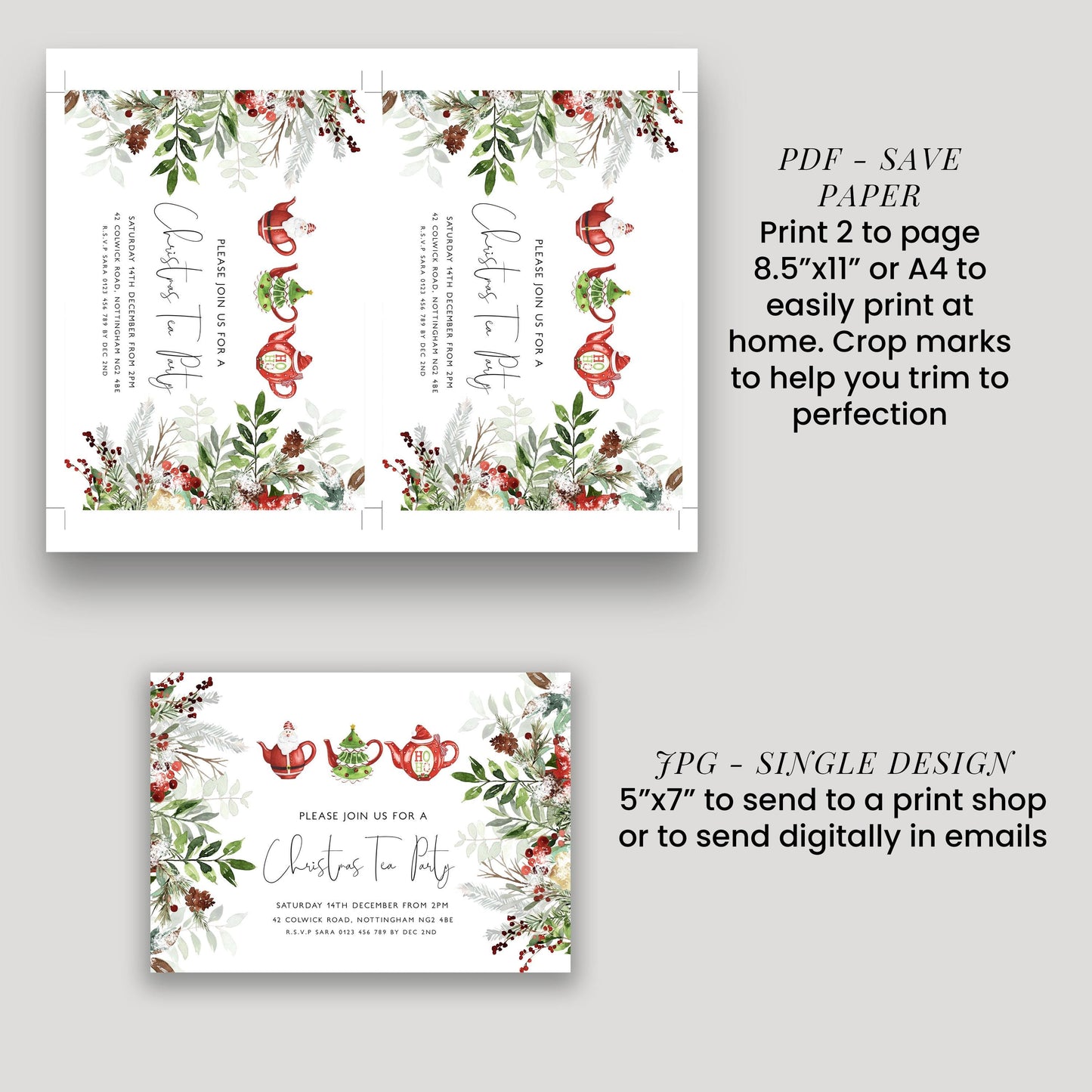 a set of Christmas-themed invitation cards and a single design for a Christmas tea party invitation. The cards feature a floral design with Christmas trees and other festive elements, and the invitation card is for a Christmas tea party.