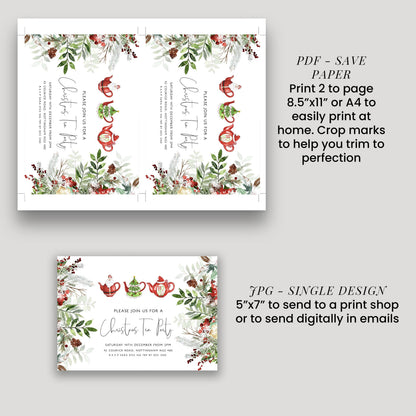 a set of Christmas-themed invitation cards and a single design for a Christmas tea party invitation. The cards feature a floral design with Christmas trees and other festive elements, and the invitation card is for a Christmas tea party.