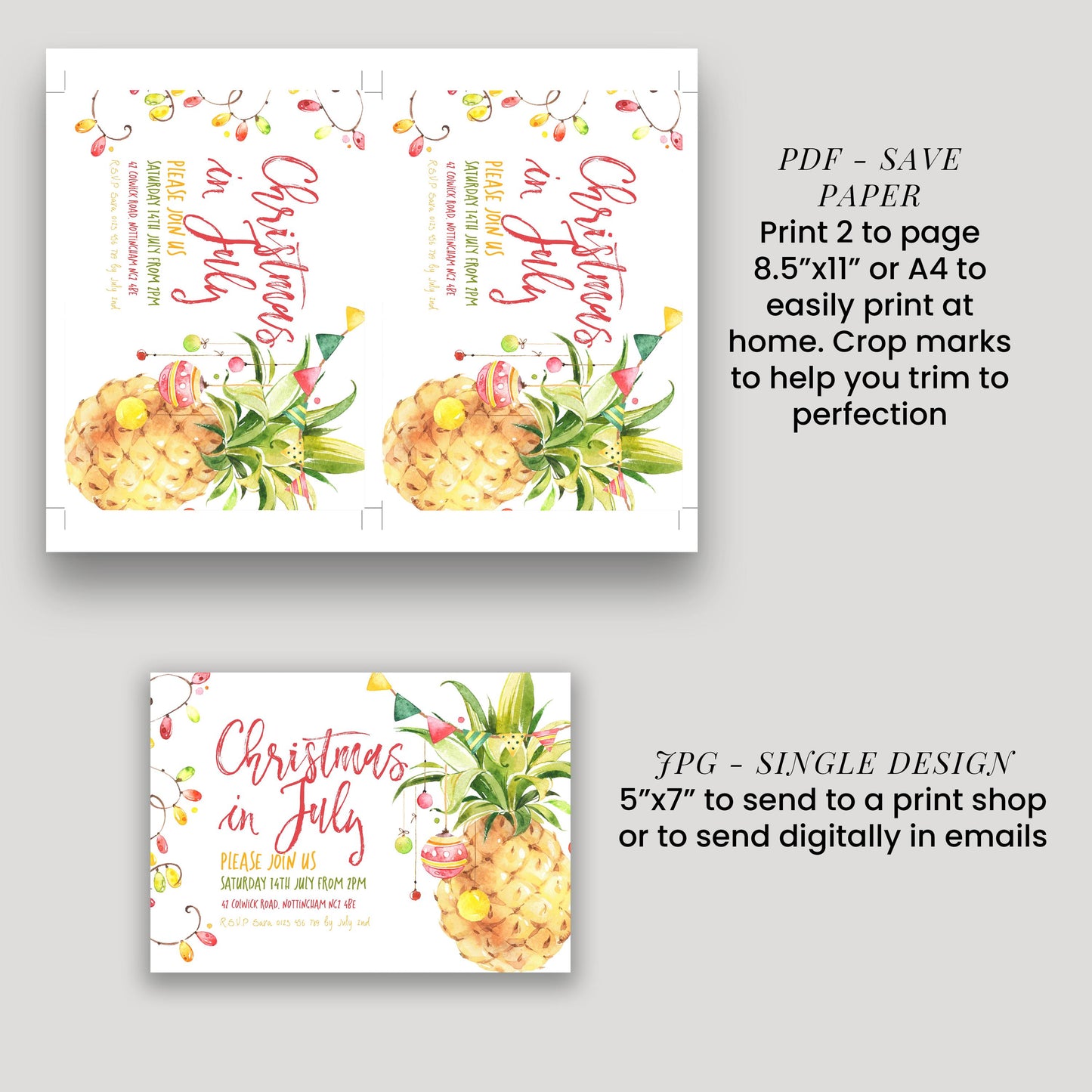 a collection of Christmas-themed designs, including a pineapple and other festive elements. The designs are intended to be used for sending to a print shop or digitally sending to others. The text provides instructions on how to print and send the designs, including the recommended size for printing and the recommended size for sending digitally.