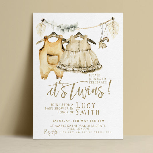 The image is a baby shower invitation for two babies, featuring illustrations of baby clothes and a baby shower banner.