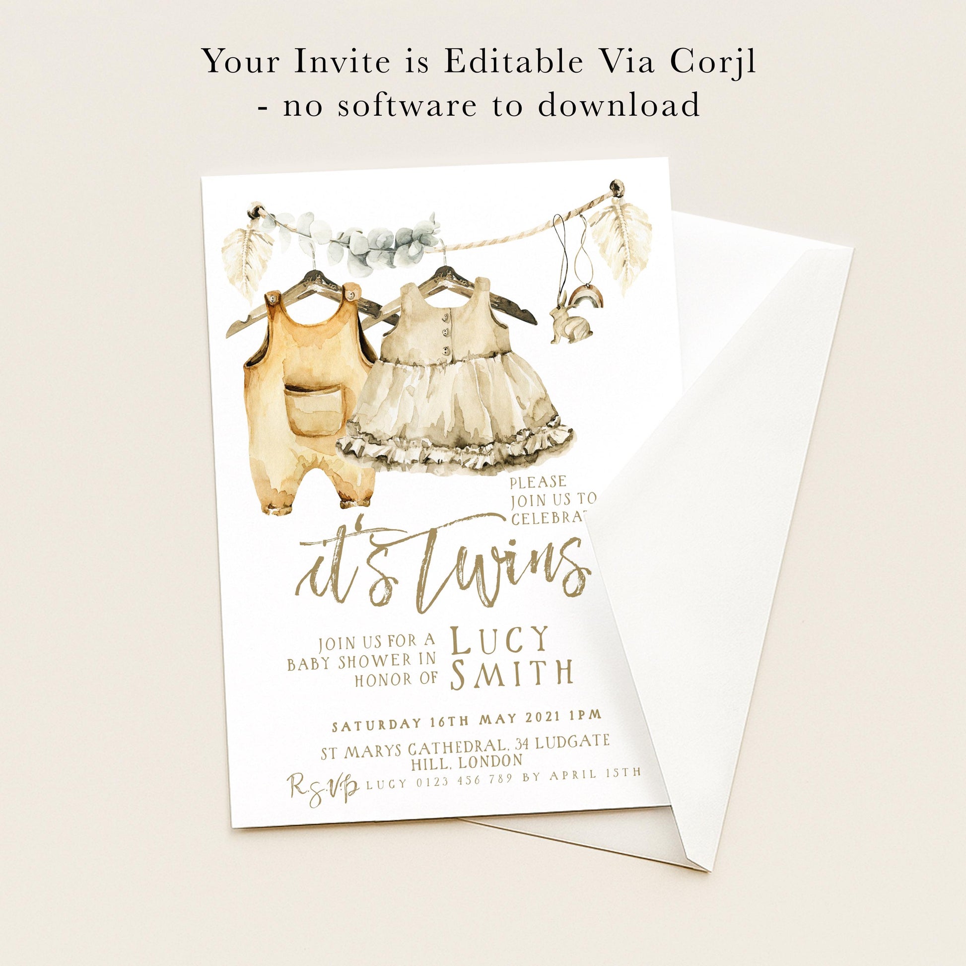 The image is a baby shower invitation for a baby shower in honor of Lucy Smith. The invitation is for a baby shower in St. Mary's Cathedral, London, on Saturday, 16th May, from 11am to 2pm, and includes a list of guests and a RSVP request.