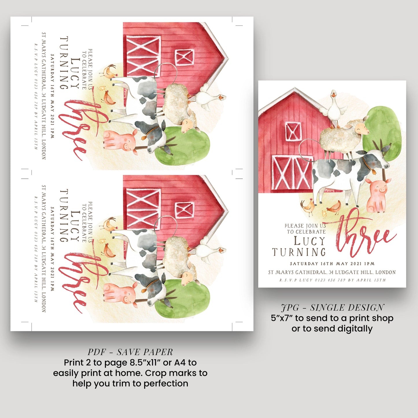 The image is a birthday invitation for Lucy, who is turning three. It features a red barn and farm animals, along with the text "Please join us to celebrate Lucy turning three" and "Please join us to celebrate Lucy turning three". The invitation is available in print and digital formats, and it includes a size guide for sending to a print shop or digitally.