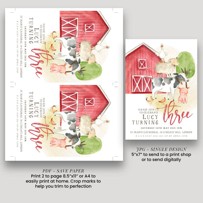 The image is a birthday invitation for Lucy, who is turning three. It features a red barn and farm animals, along with the text "Please join us to celebrate Lucy turning three" and "Please join us to celebrate Lucy turning three". The invitation is available in print and digital formats, and it includes a size guide for sending to a print shop or digitally.