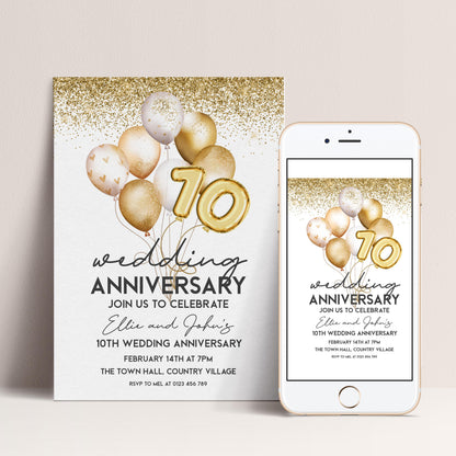 The image is a wedding anniversary invitation featuring gold balloons and the number 10, along with text inviting guests to celebrate the couple's 10th wedding anniversary.