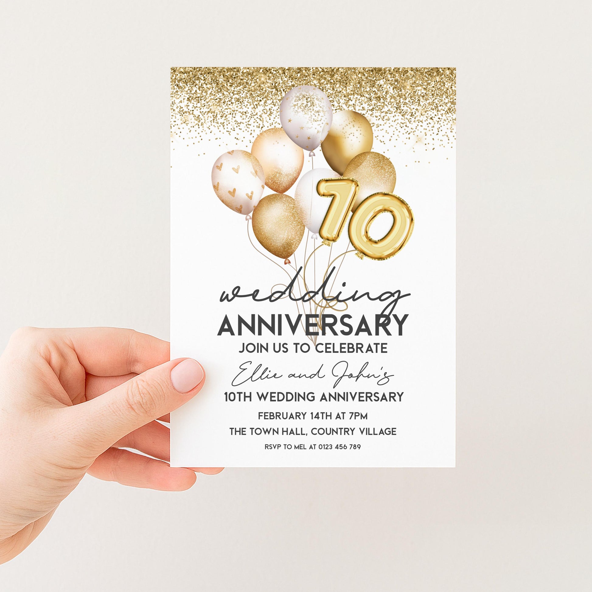 The image is a wedding anniversary invitation card with gold and white balloons, and the number 10.