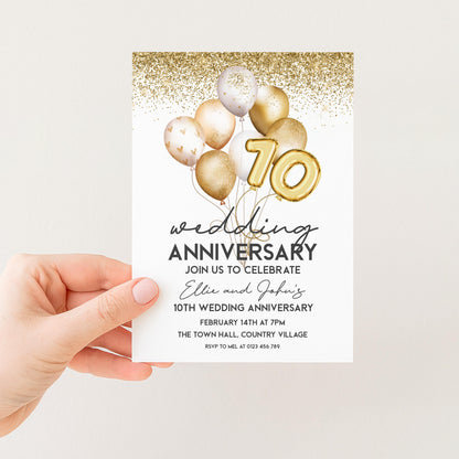 The image is a wedding anniversary invitation card with gold and white balloons, and the number 10.