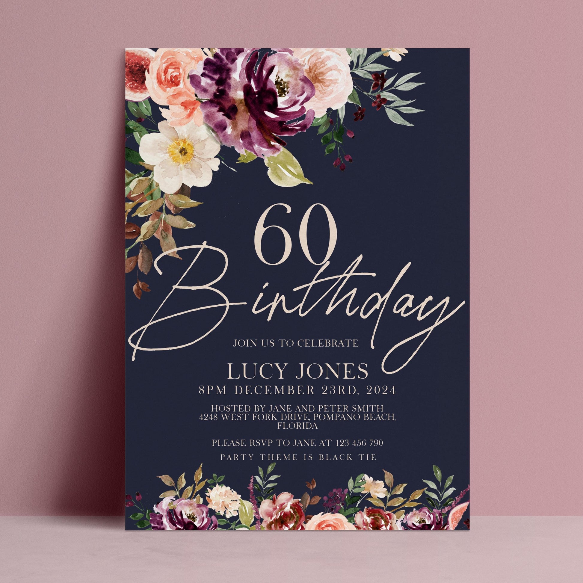 The image is a birthday invitation for Lucy Jones celebrating her 60th birthday.