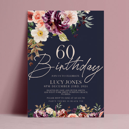 The image is a birthday invitation for Lucy Jones celebrating her 60th birthday.