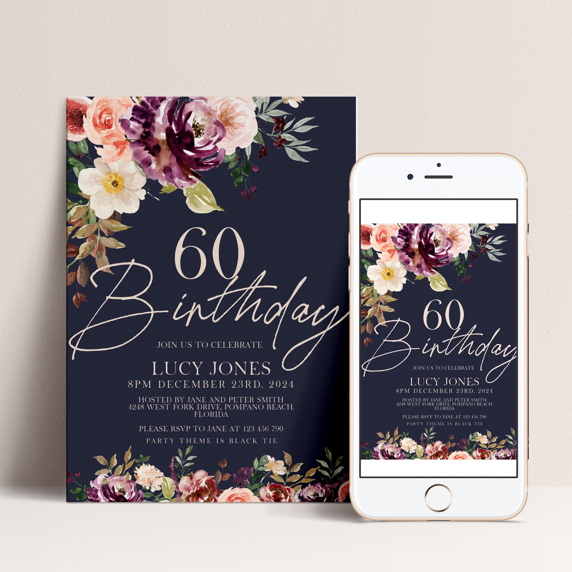 a birthday invitation for Lucy Jones, celebrating her 60th birthday. The invitation features a floral design with pink, white, and purple flowers, and includes details about the event, such as the date, time, location, and RSVP instructions.