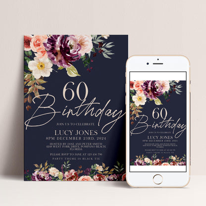 a birthday invitation for Lucy Jones, celebrating her 60th birthday. The invitation features a floral design with pink, white, and purple flowers, and includes details about the event, such as the date, time, location, and RSVP instructions.