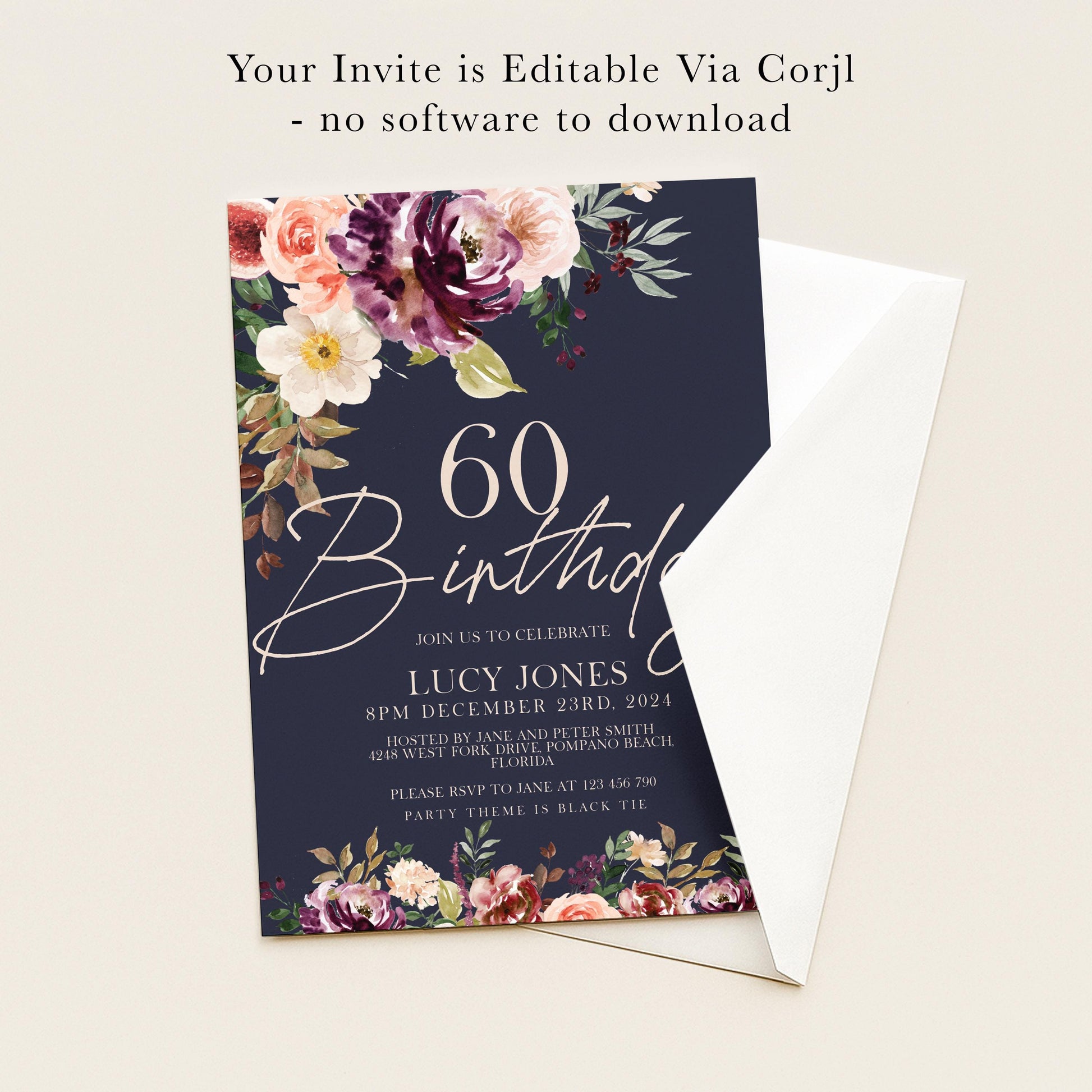 The image is a birthday invitation for Lucy Jones celebrating her 60th birthday.