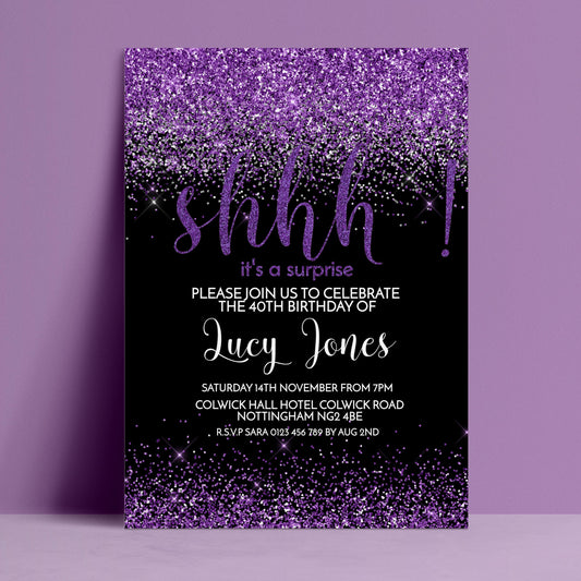The image is a birthday party invitation for the 40th birthday of Lucy Jones. The invitation has a purple and black color scheme with a glittery purple background and the word "shh" written in purple. The invitation invites guests to join the celebration of the 40th birthday of Lucy Jones and provides details about the event, including the date, time, location, and contact information.