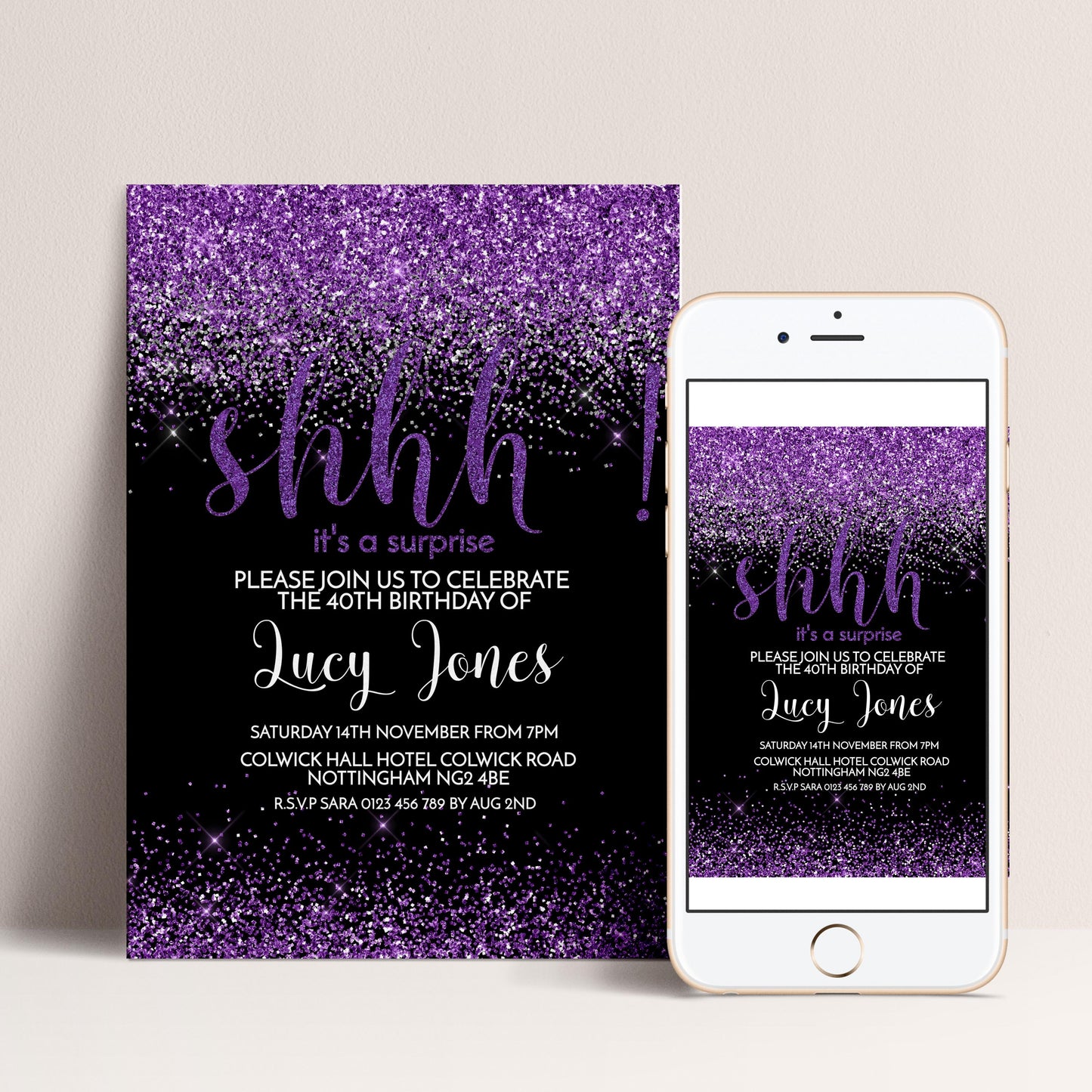 The image is a birthday party invitation featuring a purple glitter design with the text "shh" and "it's a surprise" on it.