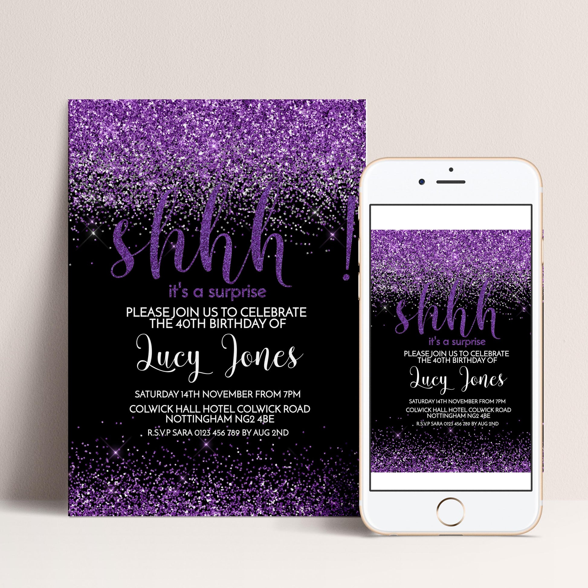 The image is a birthday party invitation featuring a purple glitter design with the text "shh" and "it's a surprise" on it.