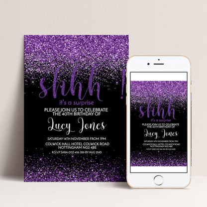 The image is a birthday party invitation featuring a purple glitter design with the text "shh" and "it's a surprise" on it.