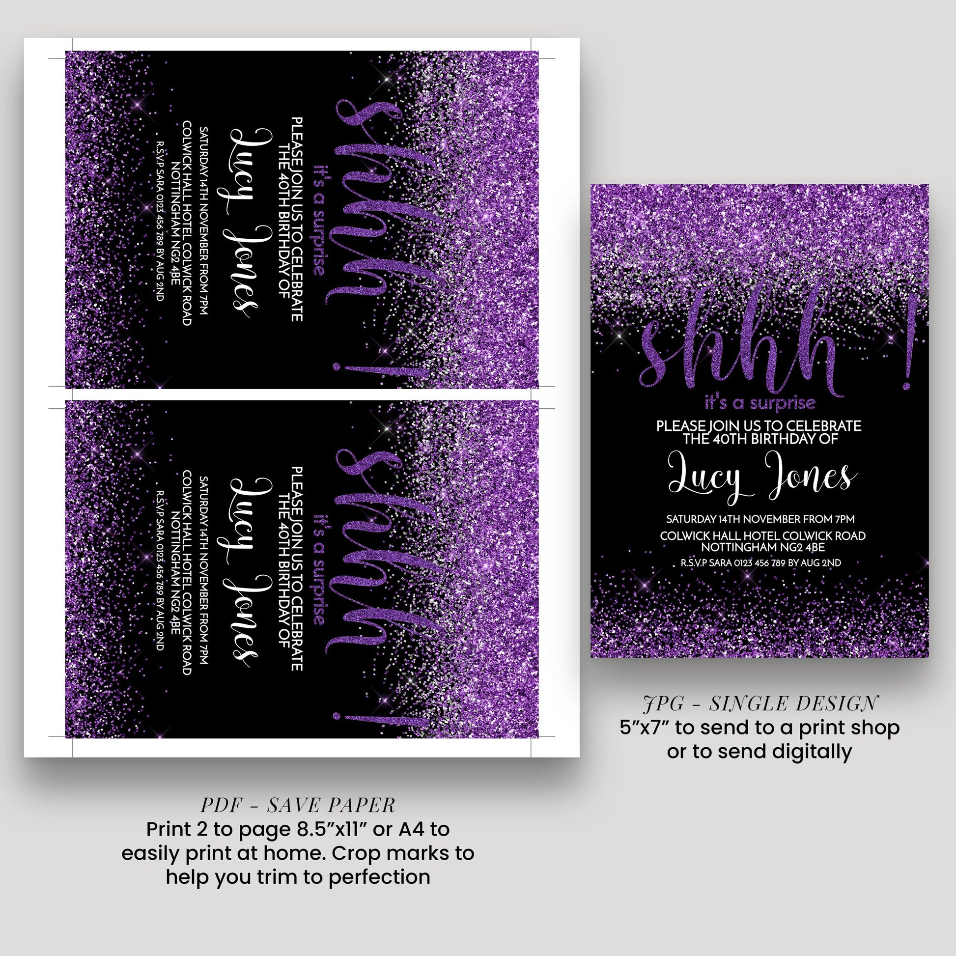 two purple invitation cards with a glittery purple background and the word "shh!" written on them. The cards are designed to be used for a surprise birthday party, and they are printed in a single design.