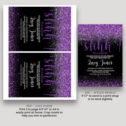 two purple invitation cards with a glittery purple background and the word "shh!" written on them. The cards are designed to be used for a surprise birthday party, and they are printed in a single design.