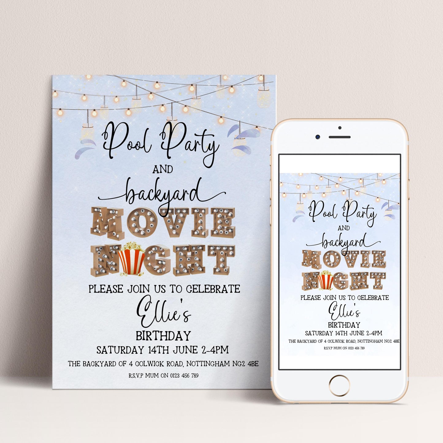 The image is a pool party invitation and backyard movie night invitation. It features text that invites guests to a pool party and backyard movie night celebration.