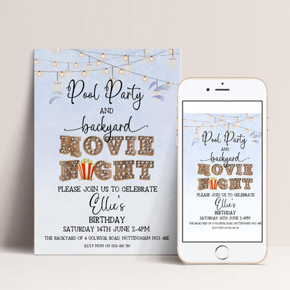 The image is a pool party invitation and backyard movie night invitation. It features text that invites guests to a pool party and backyard movie night celebration.